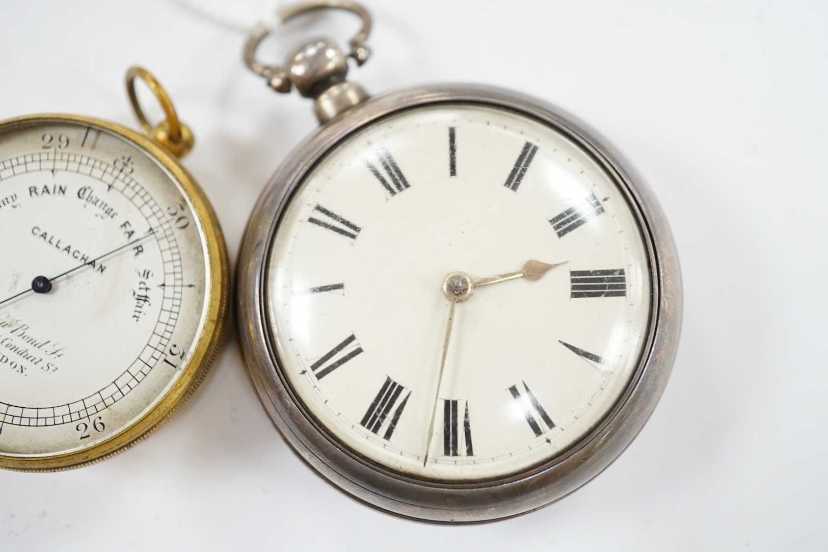 A Victorian silver pair cased keywind verge pocket watch, together with a Callaghan brass cased barometer in leather case. Condition - poor to fair